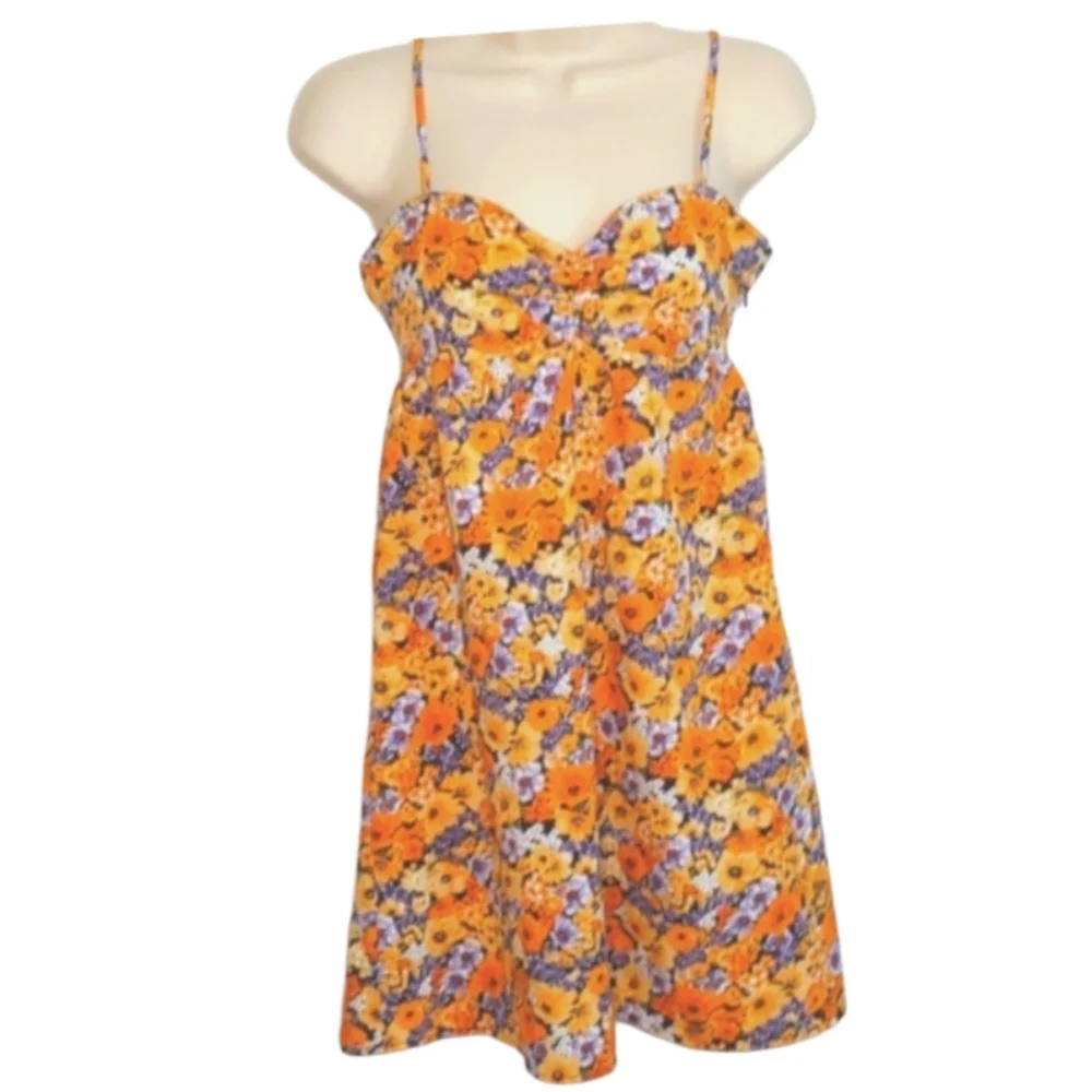 Divided Floral Babydoll Dress Orange Wildflower Spring Summer Sun Dress XS - Picture 6 of 15